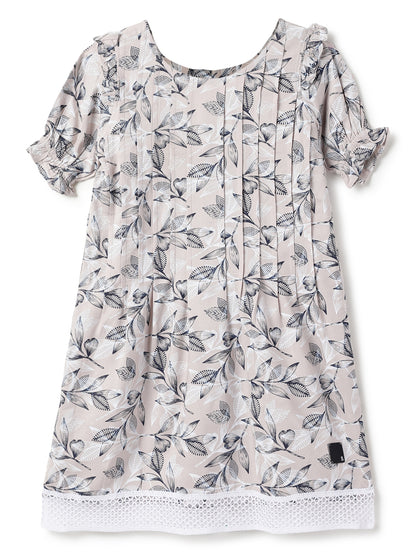 Girls Beige Floral Printed Dress