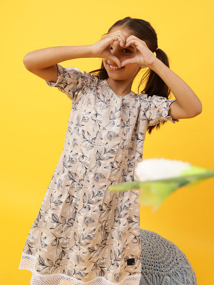 Girls Beige Floral Printed Dress