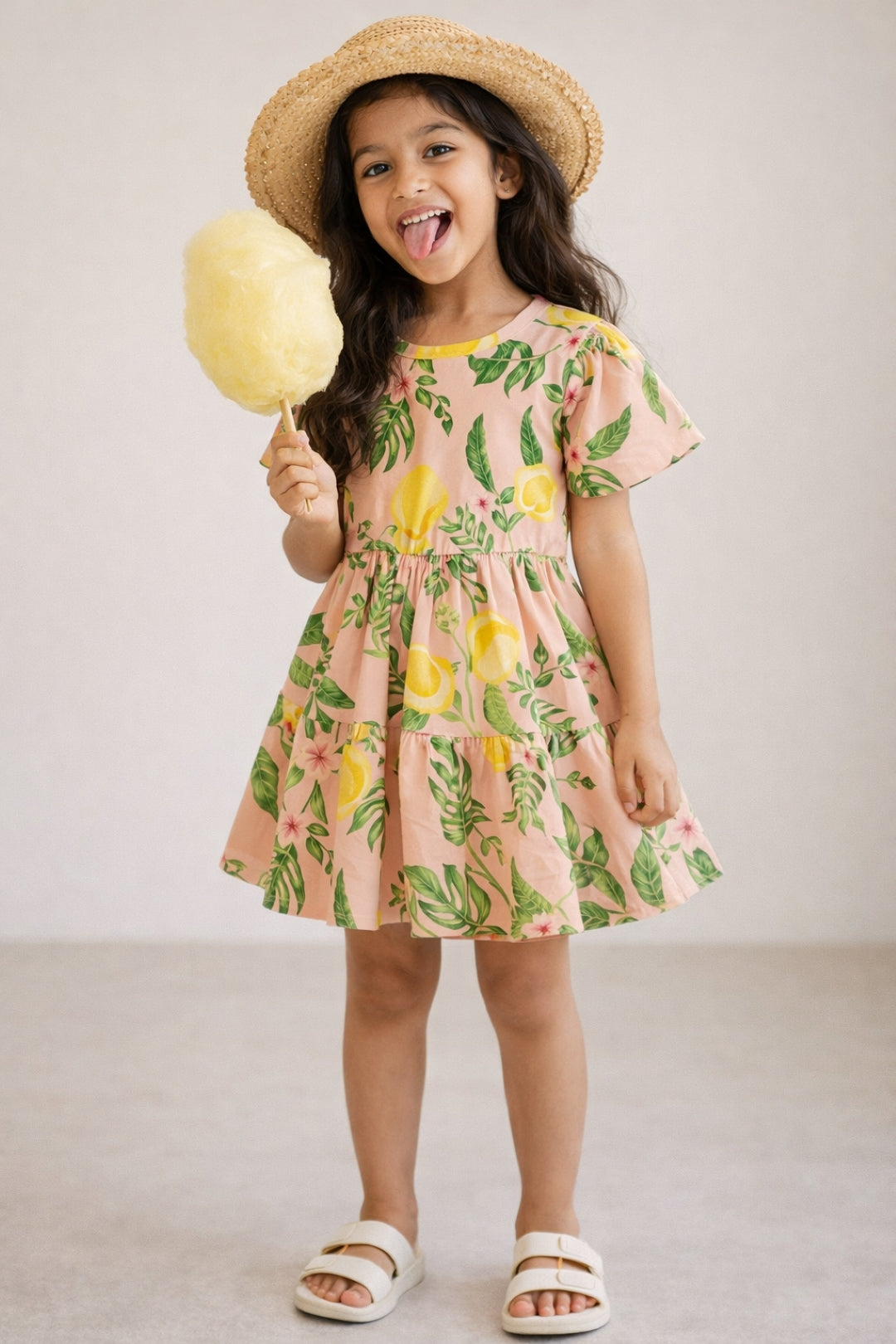 Girls Peach Leaf Printed Dress