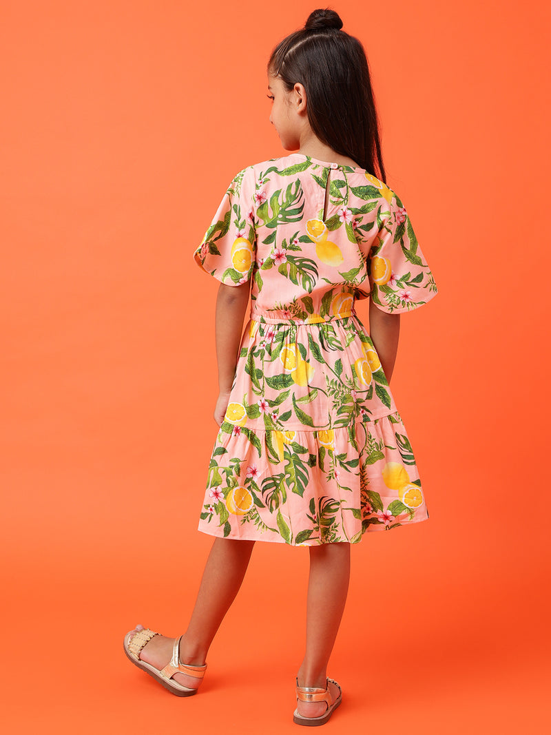 Girls Peach Leaf Printed Dress