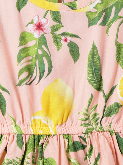 Girls Peach Leaf Printed Dress