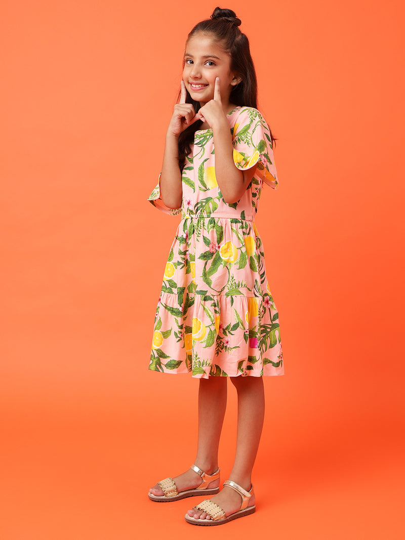 Girls Peach Leaf Printed Dress