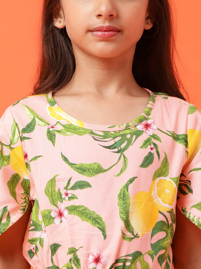 Girls Peach Leaf Printed Dress