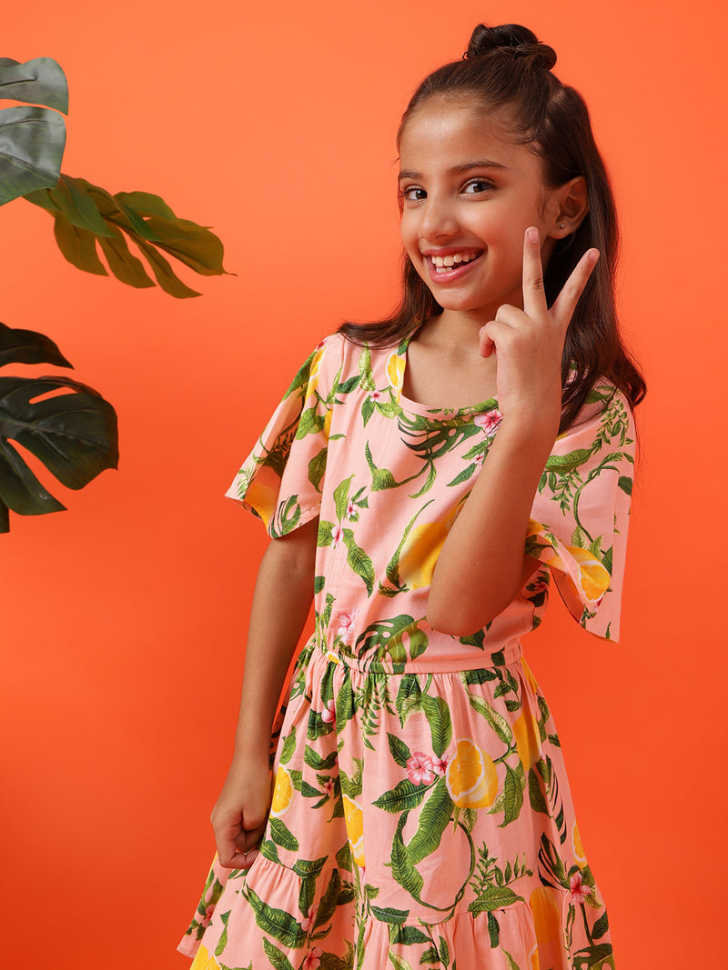 Girls Peach Leaf Printed Dress