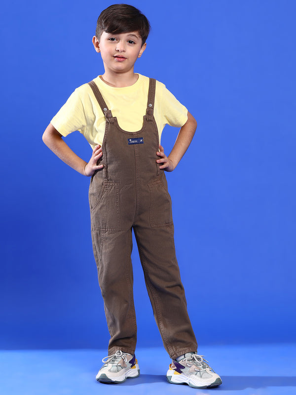 Boys Brown Regular Fit 100% Cotton Solid Dungaree