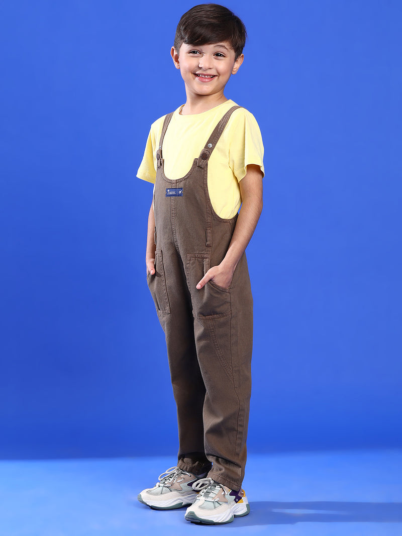 Boys Brown Regular Fit 100% Cotton Solid Dungaree