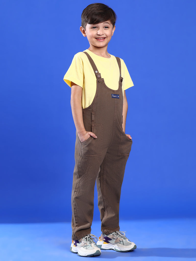 Boys Brown Regular Fit 100% Cotton Solid Dungaree