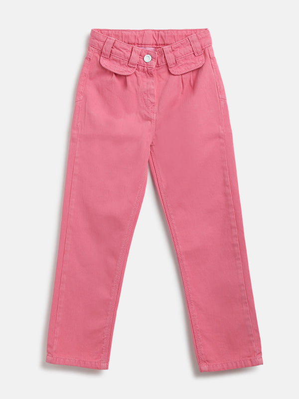 Girls Pink Cotton Blend Slim Fit Washed Trouser