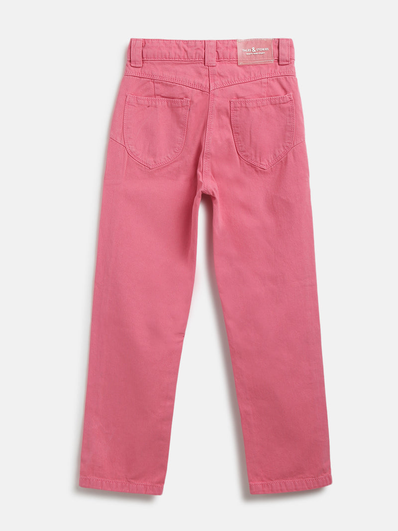 Girls Pink Cotton Blend Slim Fit Washed Trouser