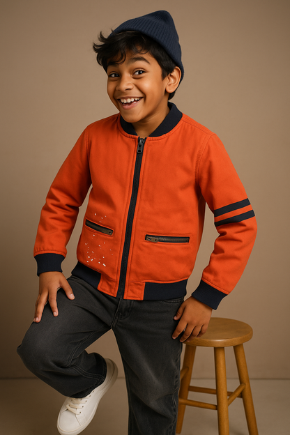 Boys Orange Front Pockets Jacket