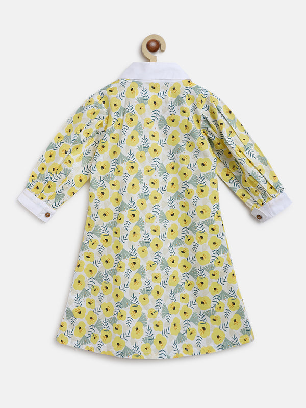 Girls Yellow 100% Cotton 3/4th Sleeve Regular Fit Print Dress