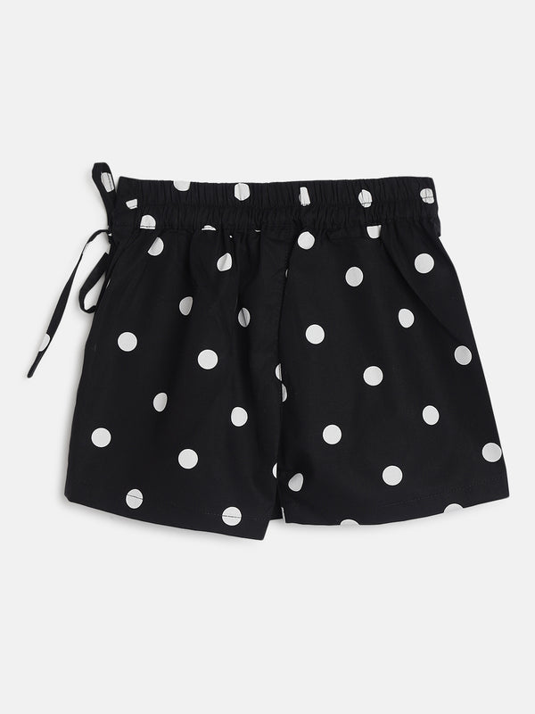 Girls Black Cotton Regular Fit Print Shorts