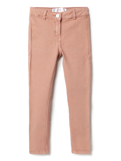 Girls Peach Lycra Slim Fit Trouser