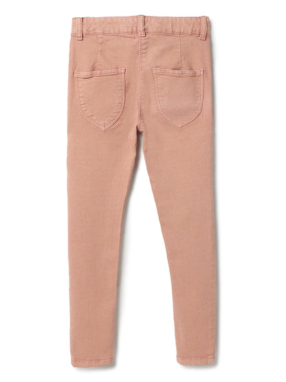 Girls Peach Lycra Slim Fit Trouser