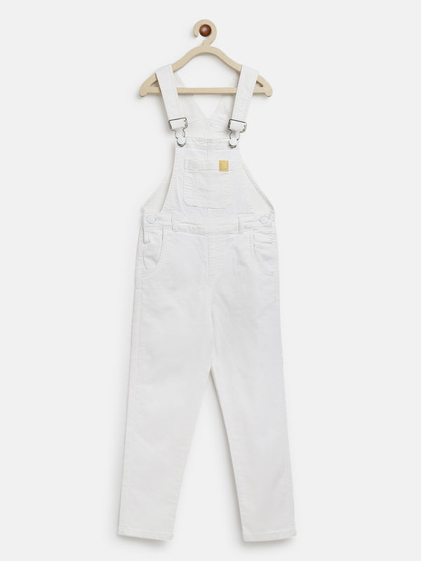 Boys Ultra White Regular Fit Lycra Solid Dungaree