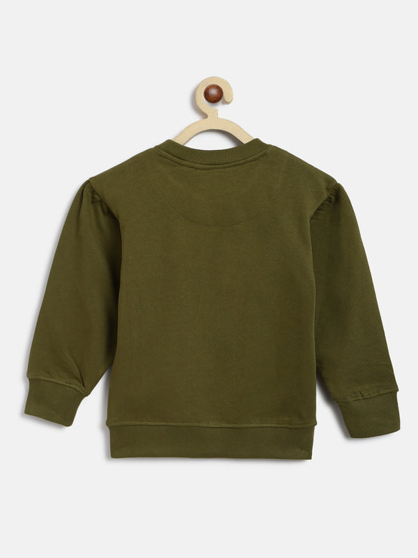 Girls Olive Poly-Cotton HD Printed Sweatshirt