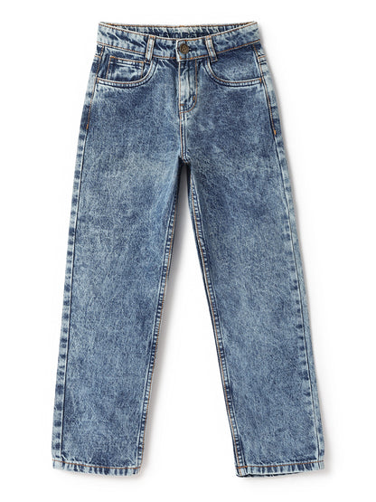 Boys Dark Blue Cotton Washed Baggy Fit  Jeans