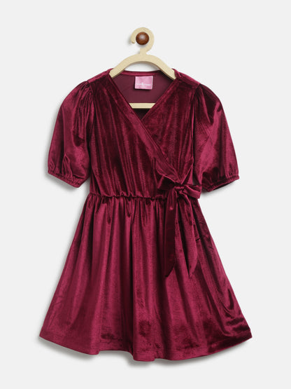 Maroon Elbow Sleeve Flared Fit Solid Velvet Dress