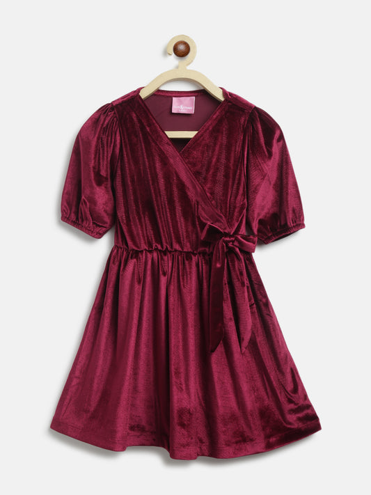 Maroon Elbow Sleeve Flared Fit Solid Velvet Dress