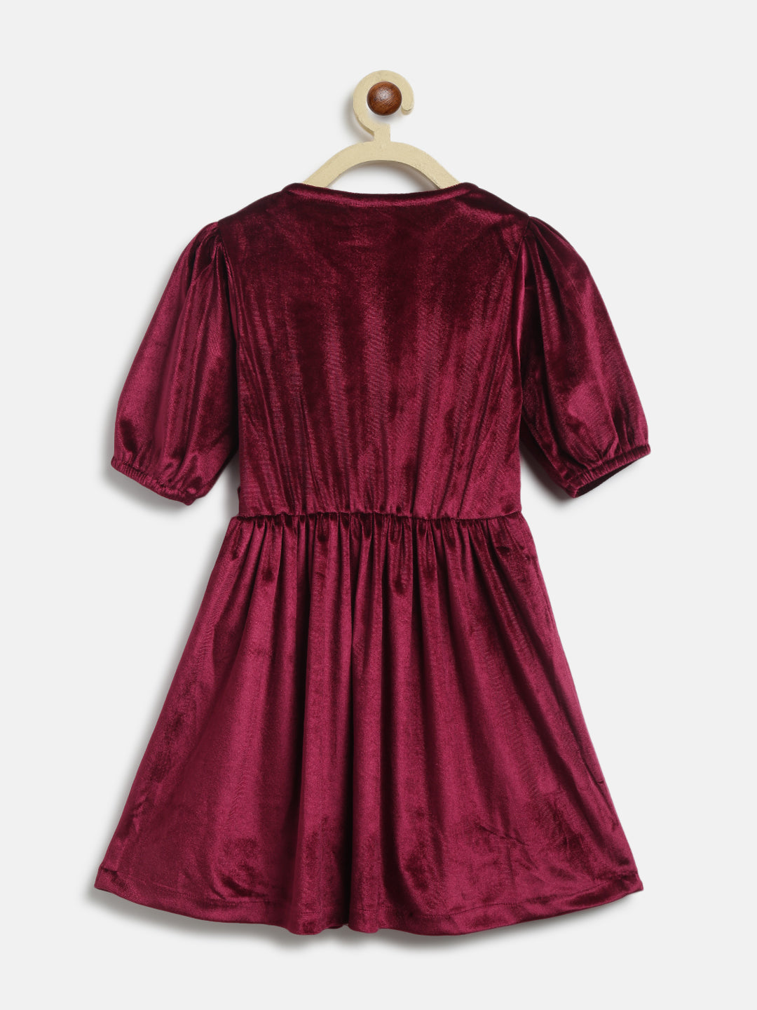 Maroon Elbow Sleeve Flared Fit Solid Velvet Dress