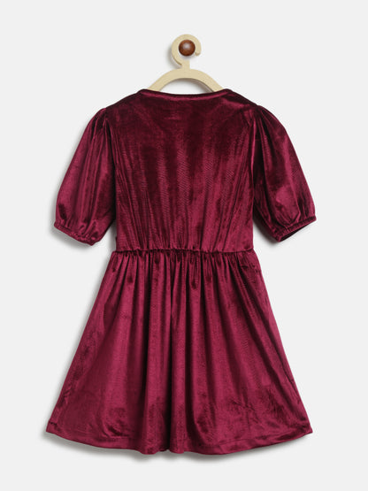Maroon Elbow Sleeve Flared Fit Solid Velvet Dress
