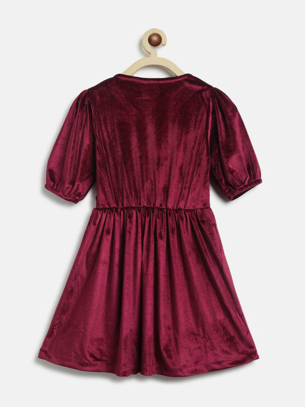 Girls Maroon Polyester Elbow Sleeve Flared Fit Solid Dress