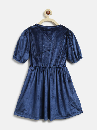 Girls Navy Blue Velvet Elbow Sleeve Flared Fit Solid Dress