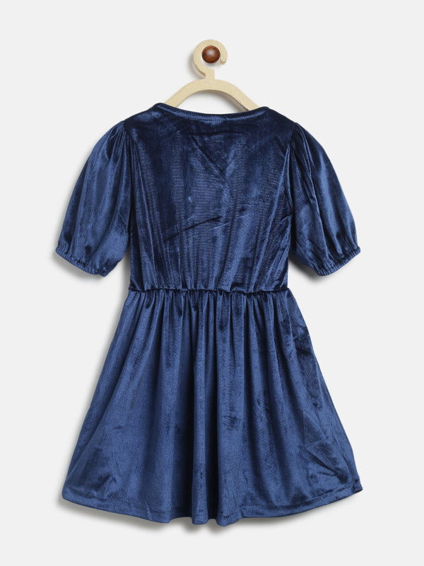 Girls Navy Blue Polyester Elbow Sleeve Flared Fit Solid Dress