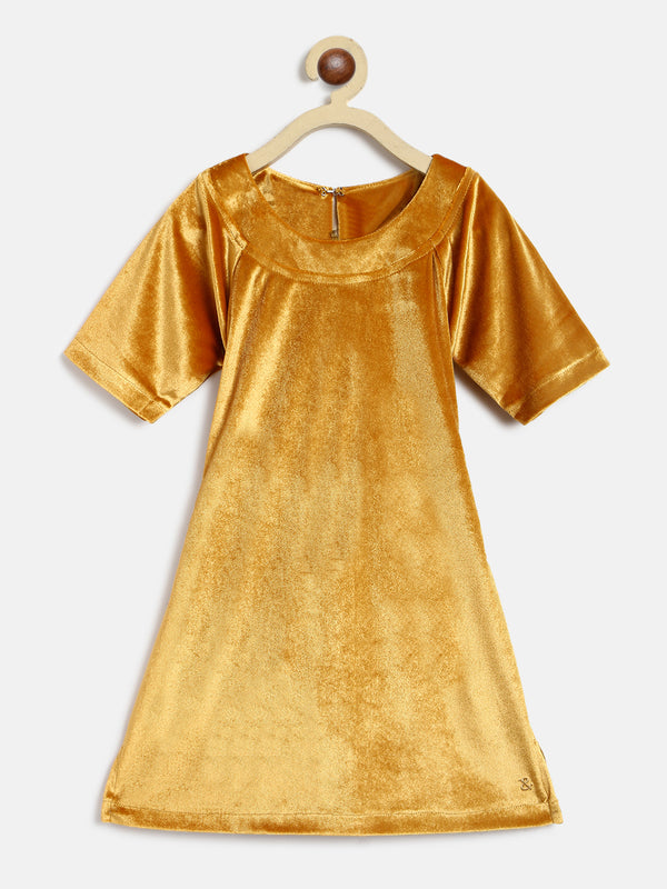 Girls Golden Polyester Half Sleeve Bodycon Fit Solid Dress