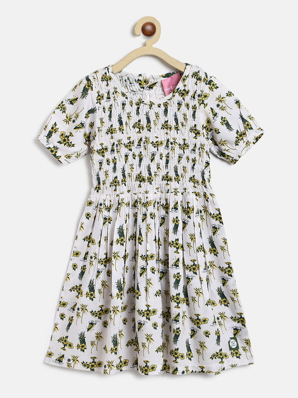 Girls Off White Rayon Regular Fit Half Sleeves Print Dress