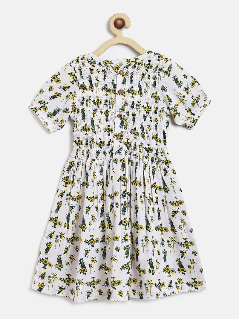 Girls Off White Rayon Regular Fit Half Sleeves Print Dress