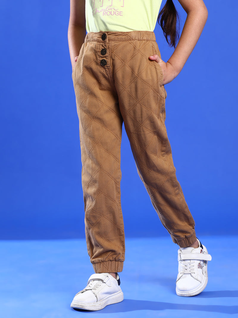 Girls Brown Cotton Blend Regular Fit Quilted Jogger