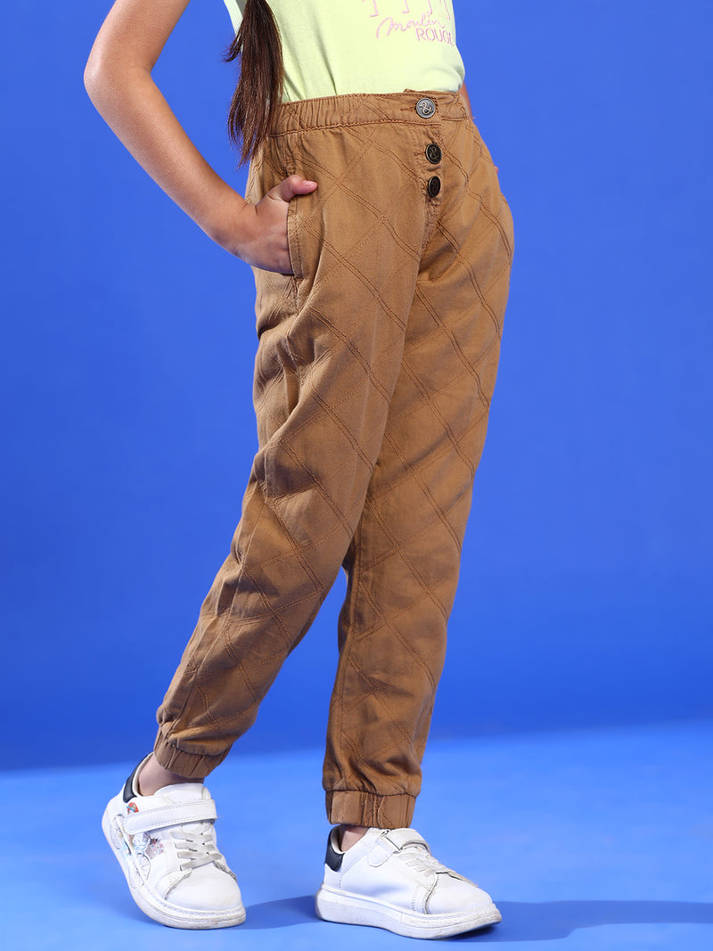 Girls Brown Cotton Blend Regular Fit Quilted Jogger