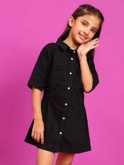 Girls Black Lycra Regular Fit Solid Washed Dress