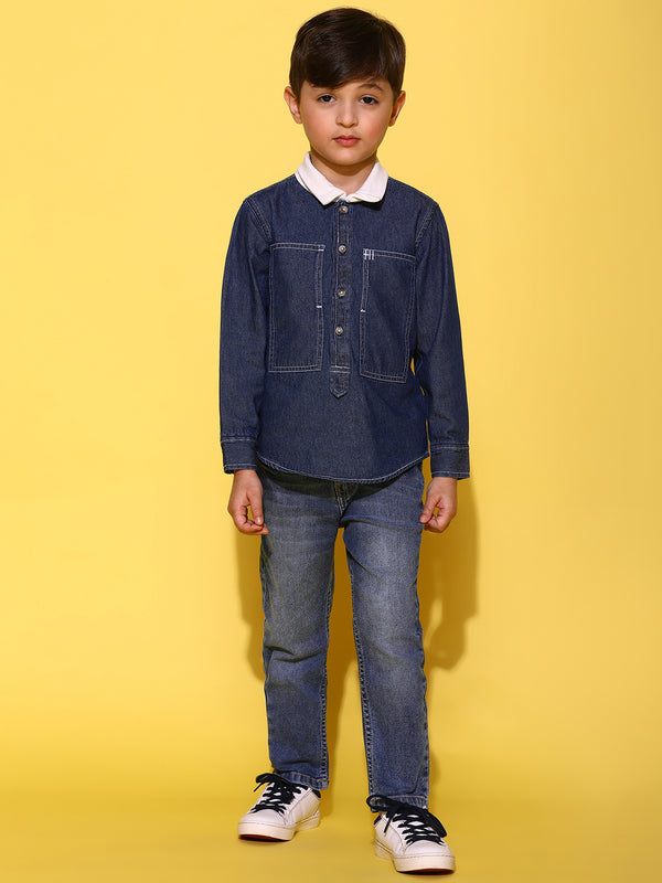 Boys Dark Blue 100% Cotton Washed Full Sleeves Regular Fit Shirt