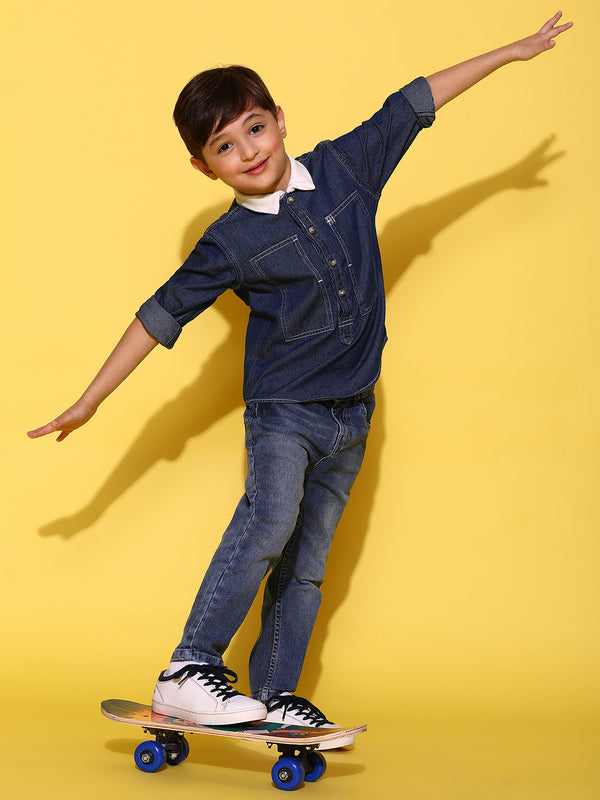 Boys Dark Blue 100% Cotton Washed Full Sleeves Regular Fit Shirt