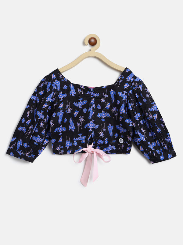 Girls Black Rayon Print Elbow Sleeve Top