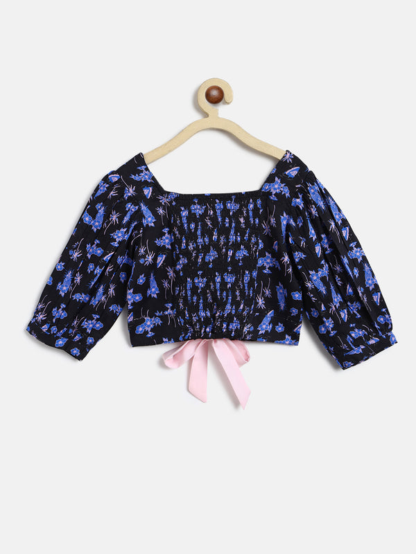 Girls Black Rayon Print Elbow Sleeve Top