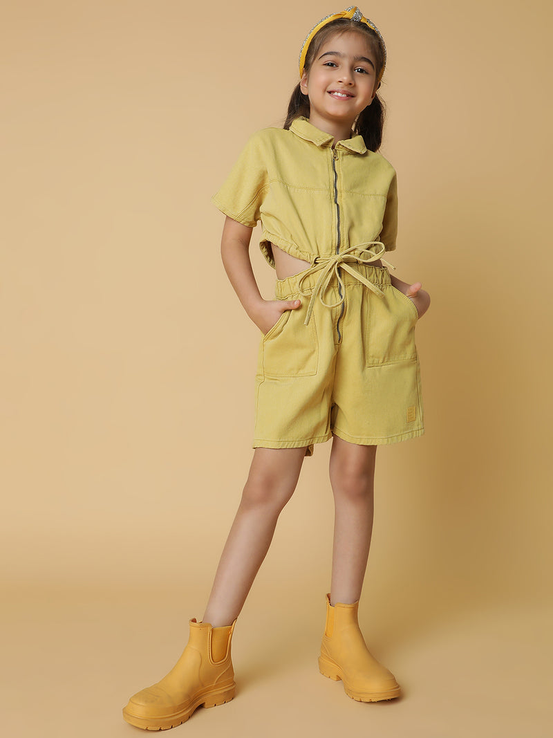 Girls Khaki Cotton Jumpsuit