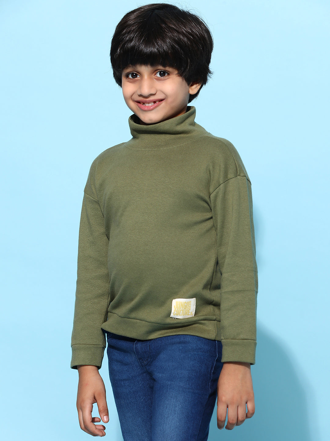 Boys Olive 100% Cotton Oversized Solid T-shirt