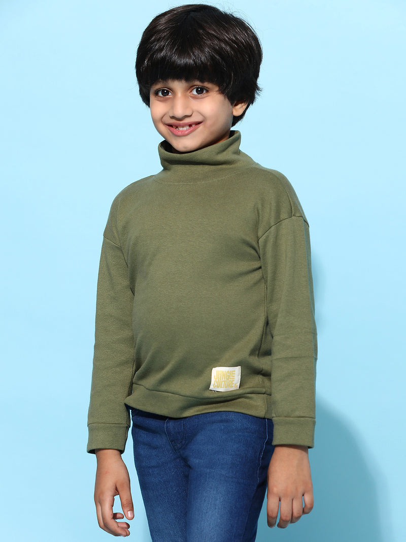 Boys Olive 100% Cotton Oversized Solid T-shirt