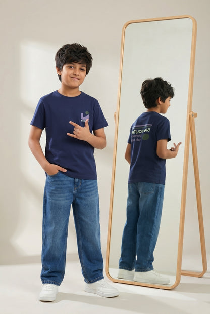 Boys Navy Blue Cotton Regular Printed T-shirt