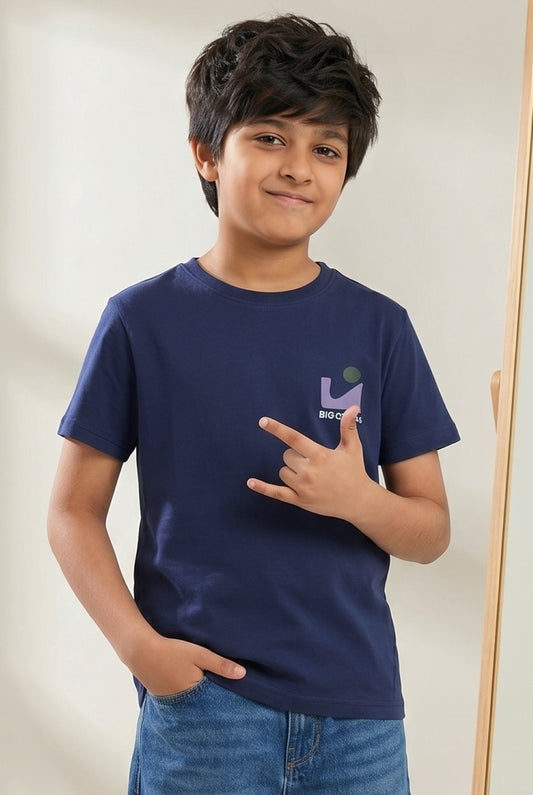Boys Navy Blue Cotton Regular Printed T-shirt