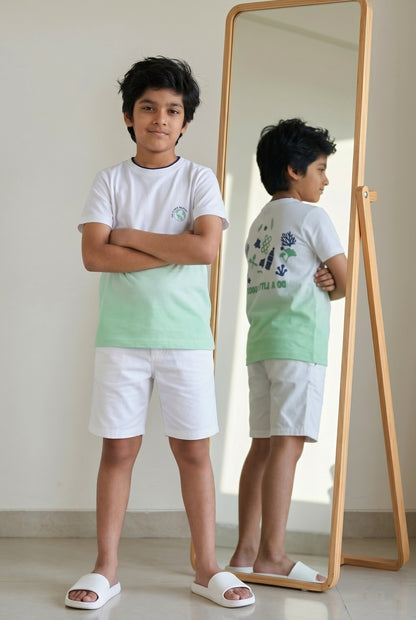 Boys White & Neon Green Solid Cotton T-shirt
