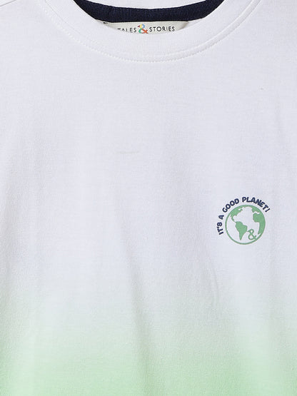 Boys White & Neon Green Solid Cotton T-shirt