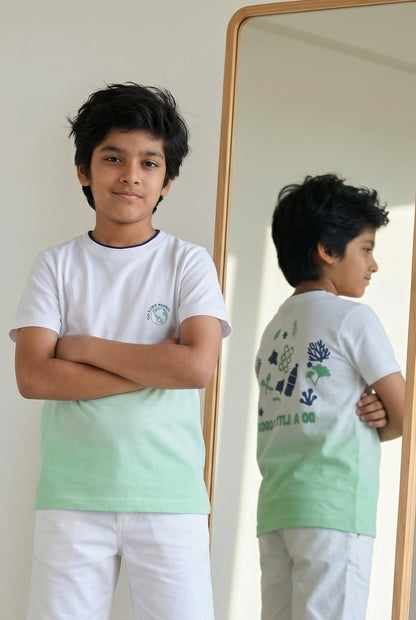 Boys White & Neon Green Solid Cotton T-shirt