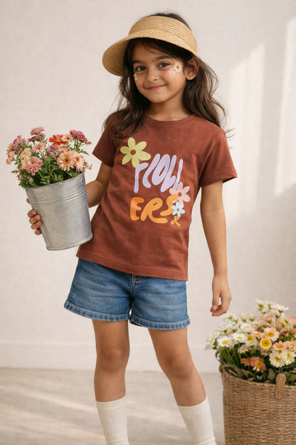 Girls Brown Lycra Printed Slim Fit T-shirt