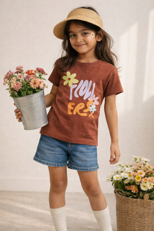 Girls Brown Lycra Printed Slim Fit T-shirt