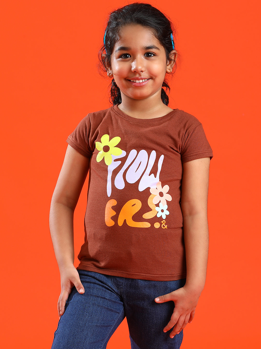 Girls Brown Lycra Printed Slim Fit T-shirt