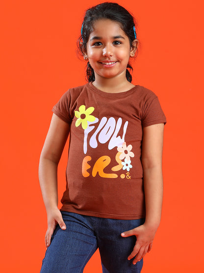 Girls Brown Lycra Printed Slim Fit T-shirt